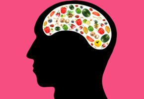 Silhouette of a man, showing brain with super foods