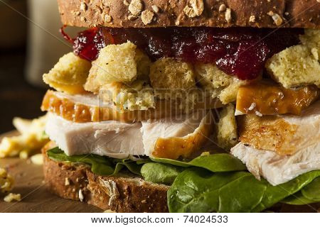 closeup of a sandwhich made with thanksgiving leftovers