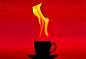 a cup of flaming coffee graphic on a red background