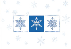 3 silvery-blue snowflakes on a white/snowflake background