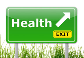 a roadway exit sign that says "Health"