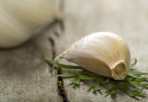 Garlic bulb and cloves over wood background