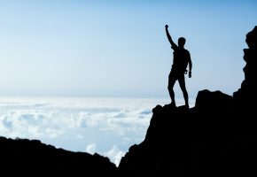 Hiking Success Silhouette, Man Trail Runner In Mountains